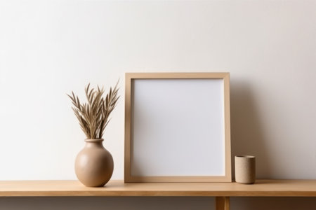 Wooden shelf with blank frame and vase on white wall backgroundの素材
