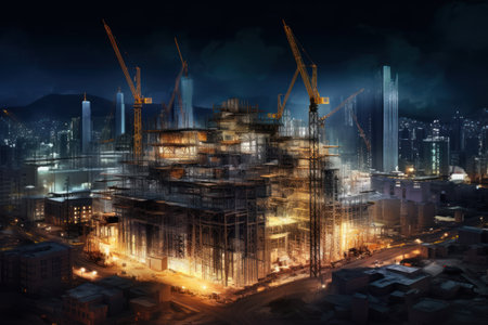 Industrial construction site with cranes and buildings over night sky backgroundの素材