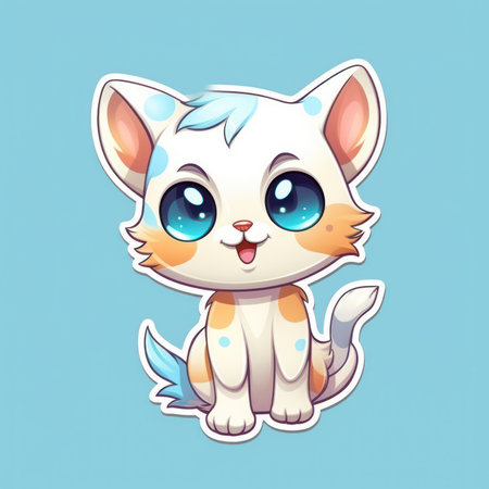 Cute cartoon kitten with blue eyes. Vector illustration isolated on blue background.の素材