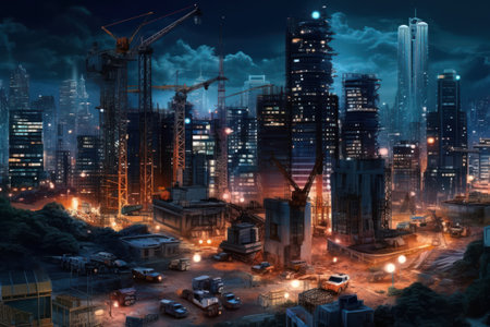 Construction site with cranes and buildings at night, 3D renderingの素材