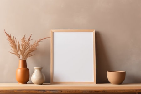 Mock up poster frame and vase with dried flowers on wooden shelfの素材