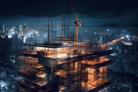 3D rendering of construction site with cranes and buildings at nightの素材