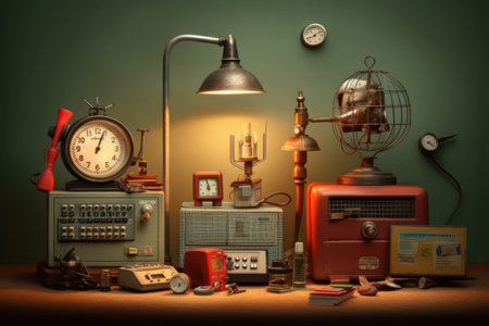 Vintage telephone, radio, alarm clock and table lamp on green backgroundの素材
