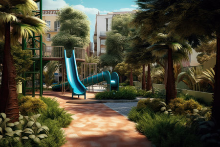 Playground in the park. 3d rendering. Computer digital drawing.の素材