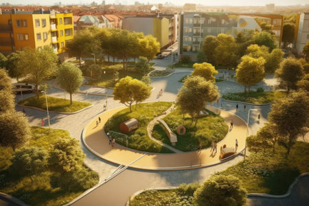 Miniature city park with people walking and having fun at sunset.の素材