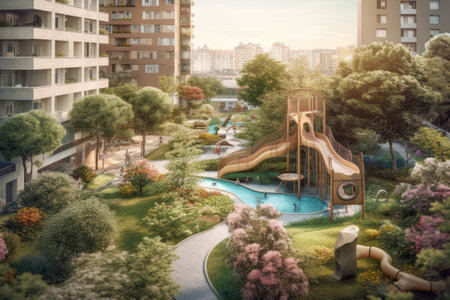 Miniature city park with playground and water slide. Vintage style.の素材