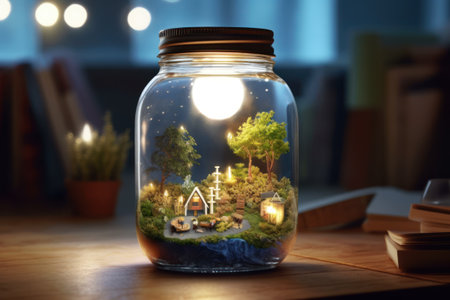 Mason jar with miniature village inside on wooden table, closeupの素材