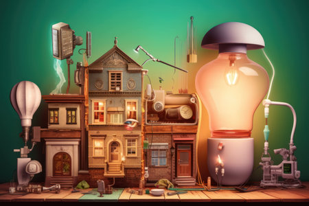 Vintage house with light bulb. 3D illustration. Vintage style.の素材
