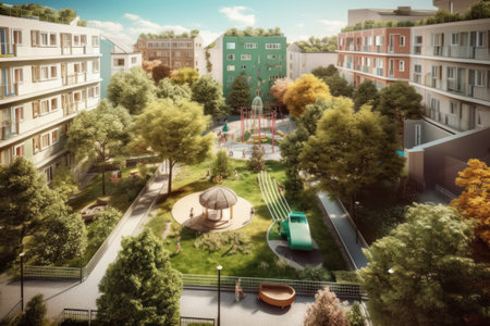 Cityscape view of a modern residential area with buildings and green treesの素材
