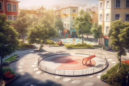 City park with benches and playgrounds in the evening, tonedの素材