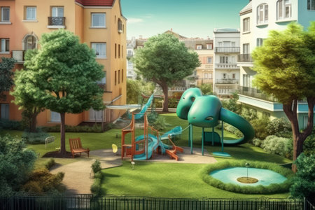 Children's playground in the city on a sunny summer day. 3D renderingの素材