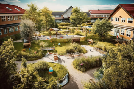 Miniature model of a city park with childrens playground and trees.の素材