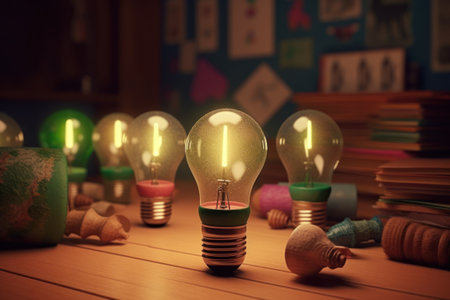 Idea concept. Light bulb on wooden table. Selective focus.の素材
