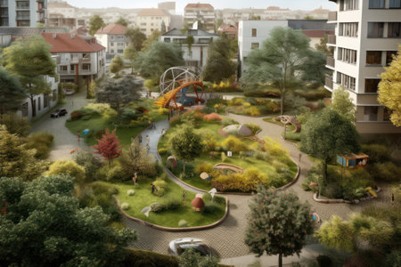 Miniature model of the city, urban landscape with green trees.の素材