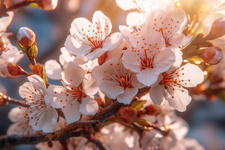 Beautiful blooming cherry tree branch in spring, close-up.の素材