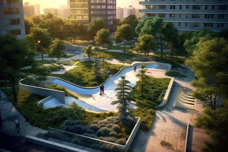 3d render of a modern city landscape with people walking in the parkの素材