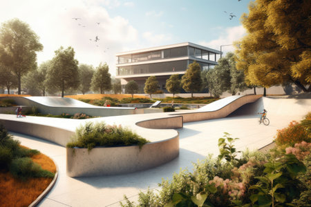 3d render of modern office building with bicycle in the park.の素材