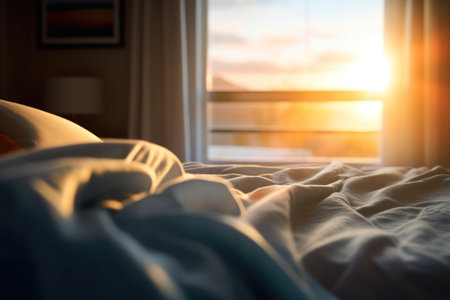 Close-up of blanket on bed in bedroom at sunrise or sunsetの素材