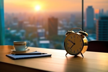 Alarm clock and coffee cup on wooden table with cityscape backgroundの素材