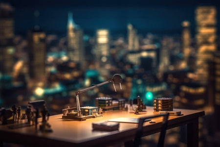 Miniature model of a city at night. Construction concept. Selective focus.の素材