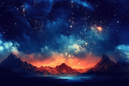 Fantasy landscape with mountains and nebula. 3D illustration.の素材