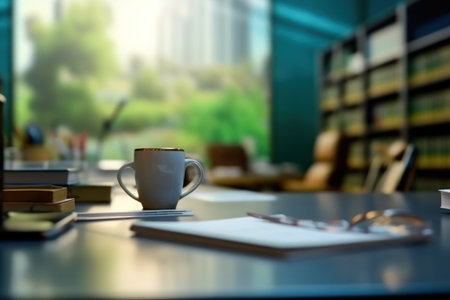Coffee cup on the table in the office, business conceptの素材