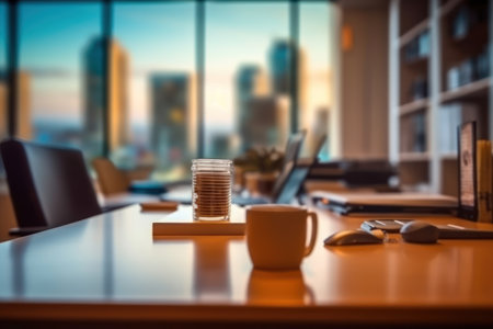 Cup of coffee on the table in the office with a city viewの素材