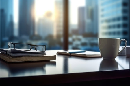 Coffee cup and book on the table with city view backgroundの素材