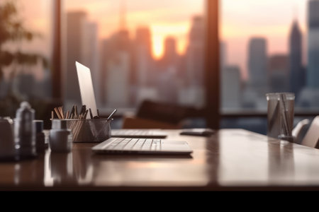 Close up of modern workplace with laptop and coffee cup on wooden table in office with city viewの素材