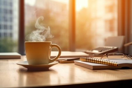 Coffee cup and notebook on wooden table in office room.の素材