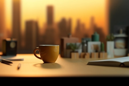 Cup of coffee on the table in office with cityscape backgroundの素材