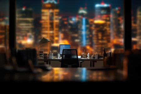 Office table with laptop on it. Night city view. 3D renderingの素材