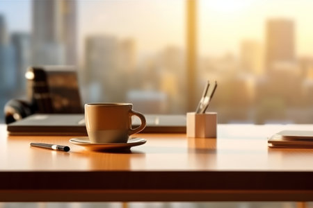 Coffee cup on wooden table in office. 3d renderingの素材