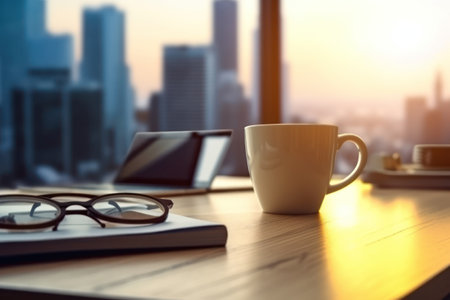 Coffee cup and notebook on wooden table with city view backgroundの素材