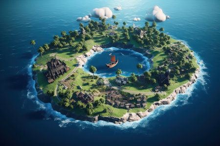 Fantasy island in the sea. 3d render. Fantasy world.の素材