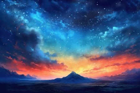 Fantasy landscape with mountains and starry sky. 3d illustrationの素材