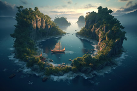 Fantasy island in the sea with a wooden boat. 3d renderの素材