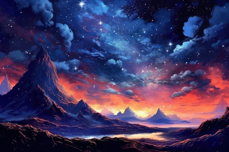 Fantasy alien planet. Mountain and nebula. 3D illustrationの素材