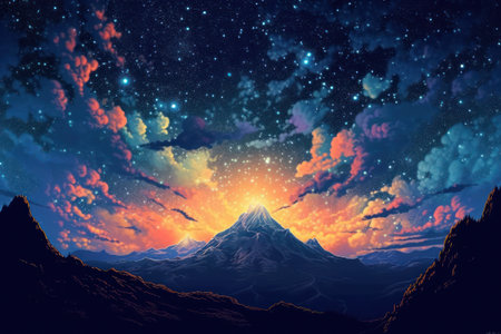 Fantasy landscape with volcano in the night sky. 3d renderingの素材