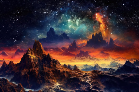 Fantasy alien planet. Mountain and nebula. 3D illustrationの素材