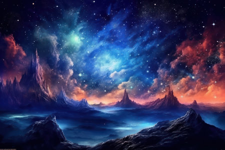 Fantasy landscape with mountains and nebula. 3D illustration.の素材