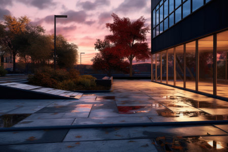 Reflection of trees in a puddle in a modern building.の素材