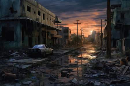 Abandoned city in the evening with a car on the roadの素材