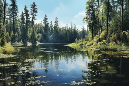 Landscape with a lake in the middle of the forest and treesの素材