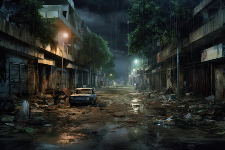 City night scene with car and building in the foreground, Bangkok, Thailandの素材