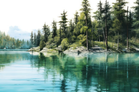 Blurred background of lake and forest in the mountains, long exposureの素材
