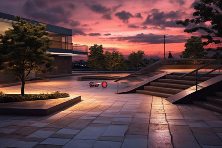 Sunset in the city with stairs and benches. 3d renderingの素材