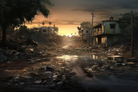 Abandoned building in the middle of the road during sunset.の素材