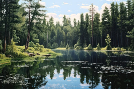 Beautiful summer landscape with forest lake and reflection of trees in waterの素材