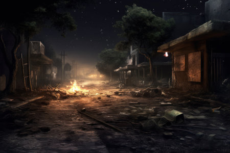 Night scene with fire in the village. 3d rendering. Computer digital drawing.の素材